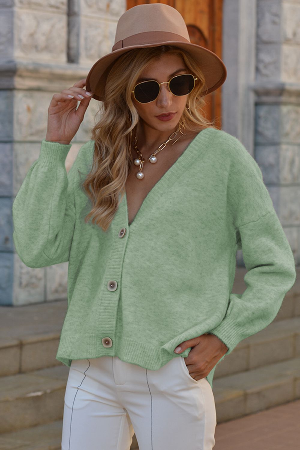 V-Neck Button-Down Dropped Shoulder Cardigan - Green / S - Women’s Clothing & Accessories - Shirts & Tops - 6 - 2024
