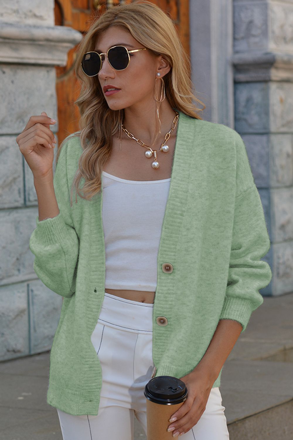 V-Neck Button-Down Dropped Shoulder Cardigan - Women’s Clothing & Accessories - Shirts & Tops - 7 - 2024