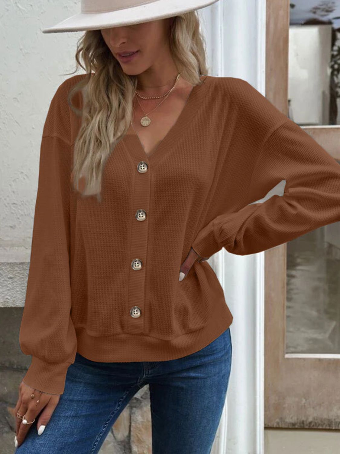 V-Neck Dropped Shoulder Blouse - Brown / S - Women’s Clothing & Accessories - Shirts & Tops - 17 - 2024