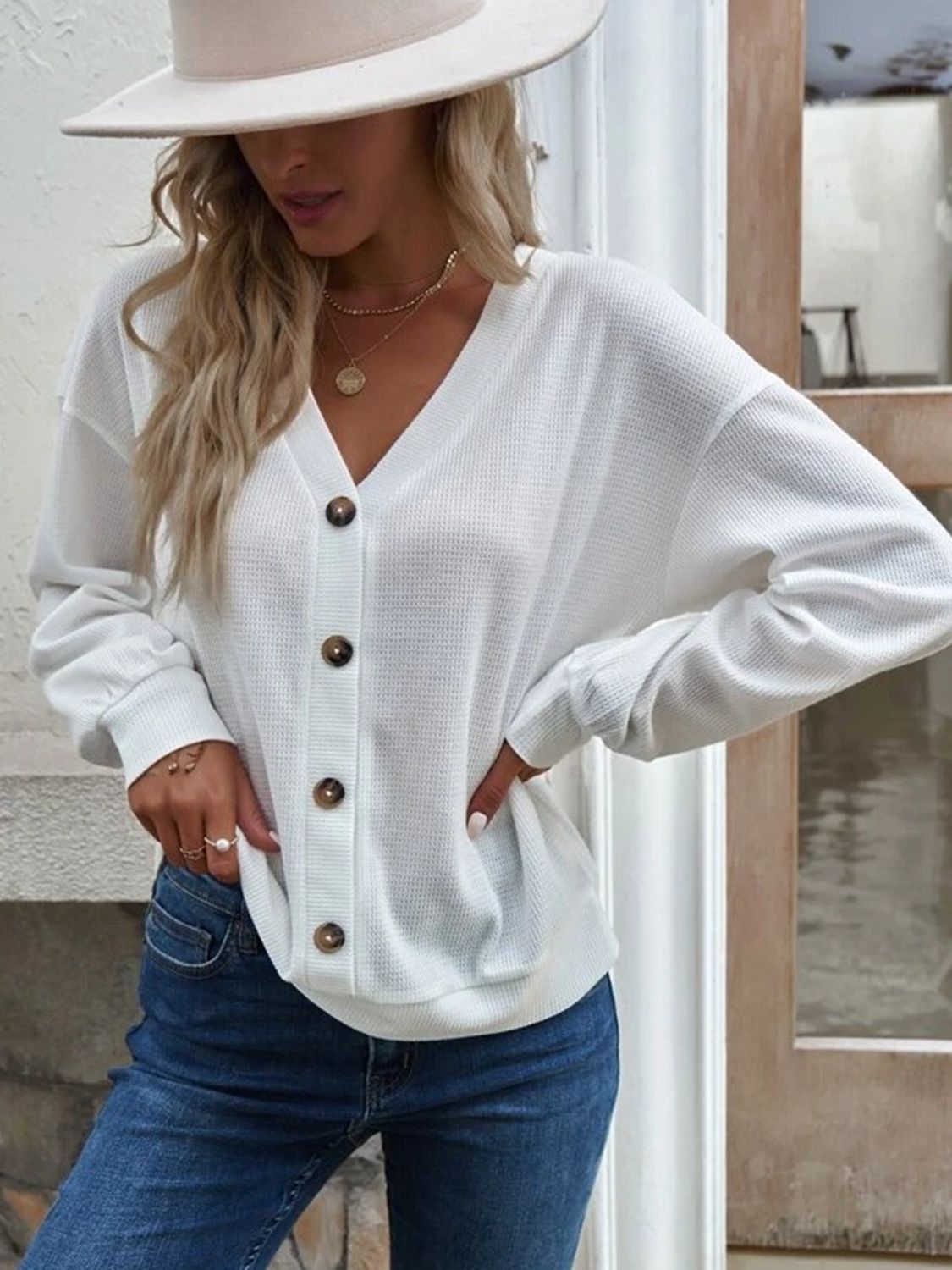 V-Neck Dropped Shoulder Blouse - White / S - Women’s Clothing & Accessories - Shirts & Tops - 1 - 2024