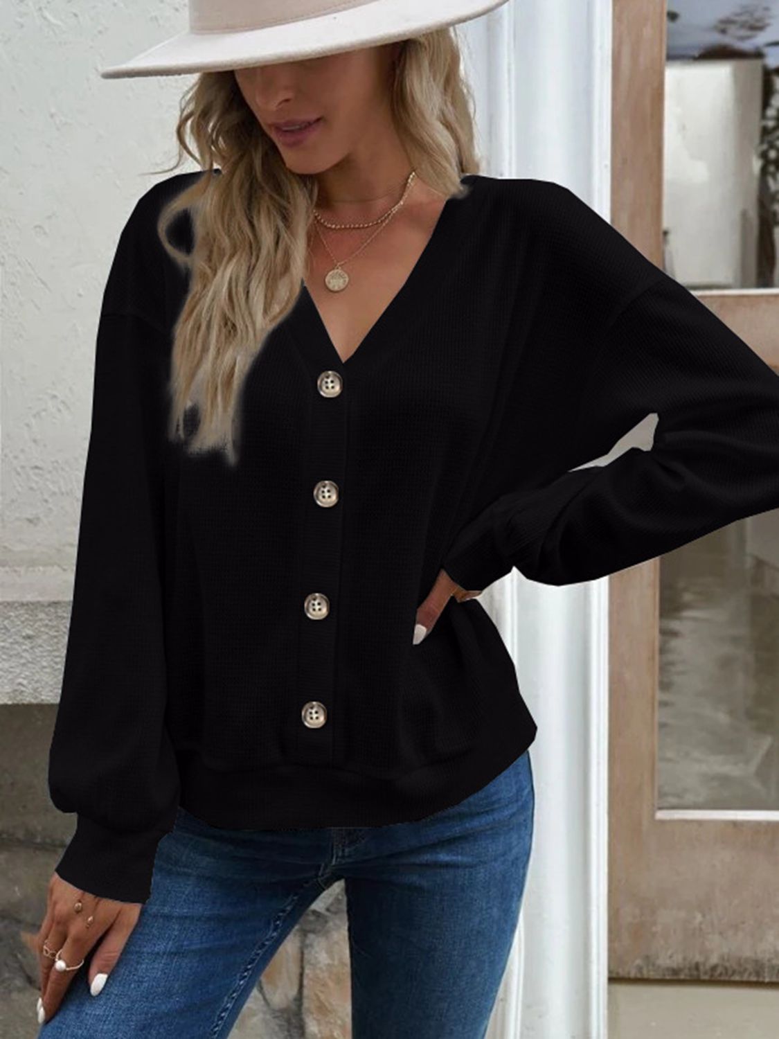 V-Neck Dropped Shoulder Blouse - Black / S - Women’s Clothing & Accessories - Shirts & Tops - 8 - 2024