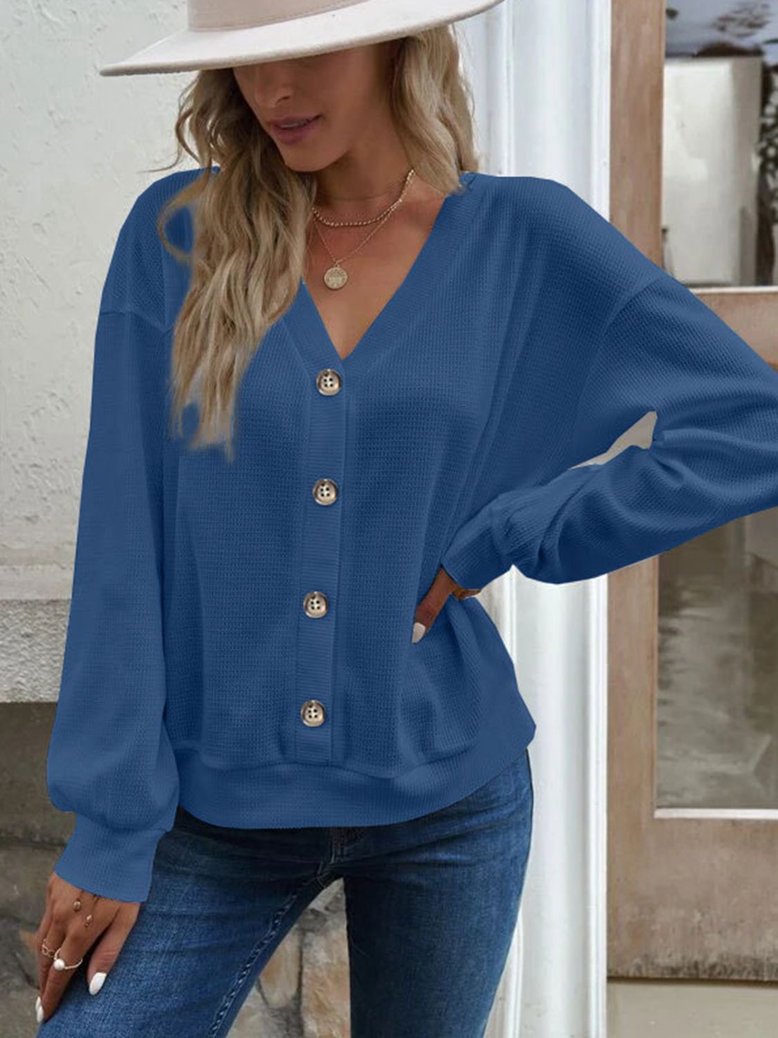 V-Neck Dropped Shoulder Blouse - Blue / S - Women’s Clothing & Accessories - Shirts & Tops - 5 - 2024