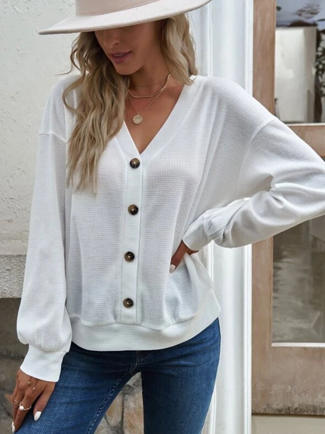 V-Neck Dropped Shoulder Blouse - Women’s Clothing & Accessories - Shirts & Tops - 4 - 2024