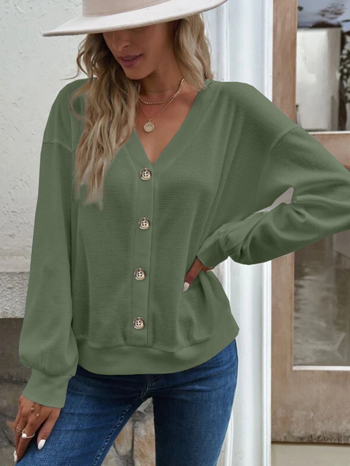 V-Neck Dropped Shoulder Blouse - Green / S - Women’s Clothing & Accessories - Shirts & Tops - 14 - 2024