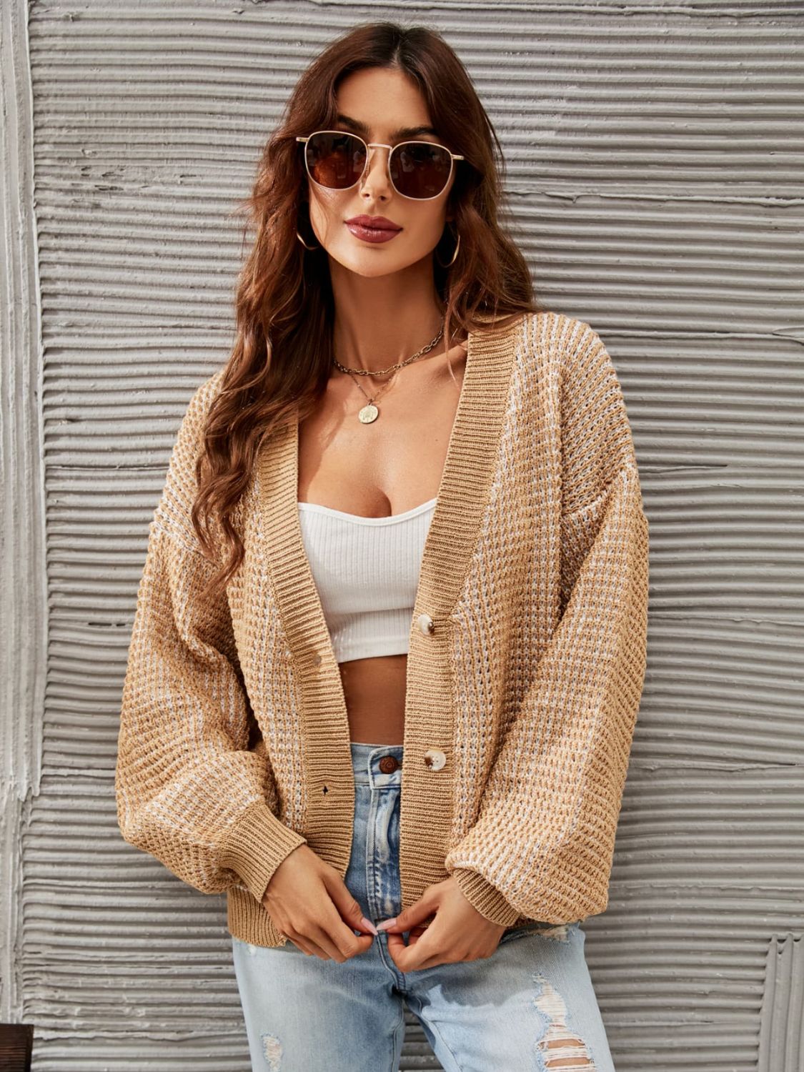 V-Neck Dropped Shoulder Cardigan - Beige / S - Women’s Clothing & Accessories - Shirts & Tops - 4 - 2024