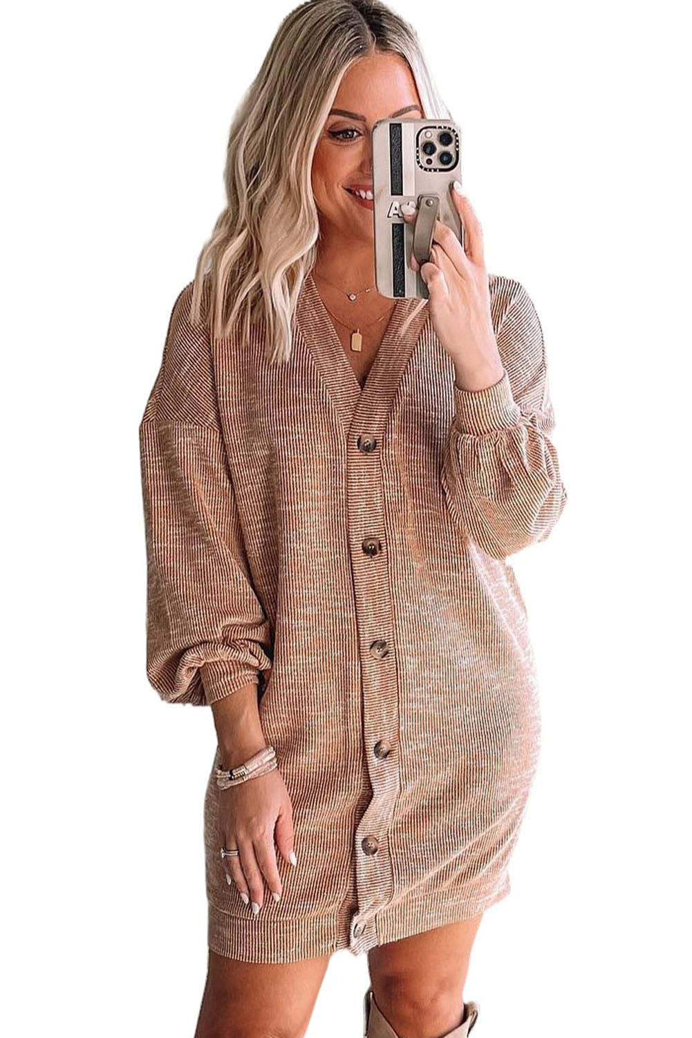 V-Neck Dropped Shoulder Cardigan - Women’s Clothing & Accessories - Shirts & Tops - 3 - 2024