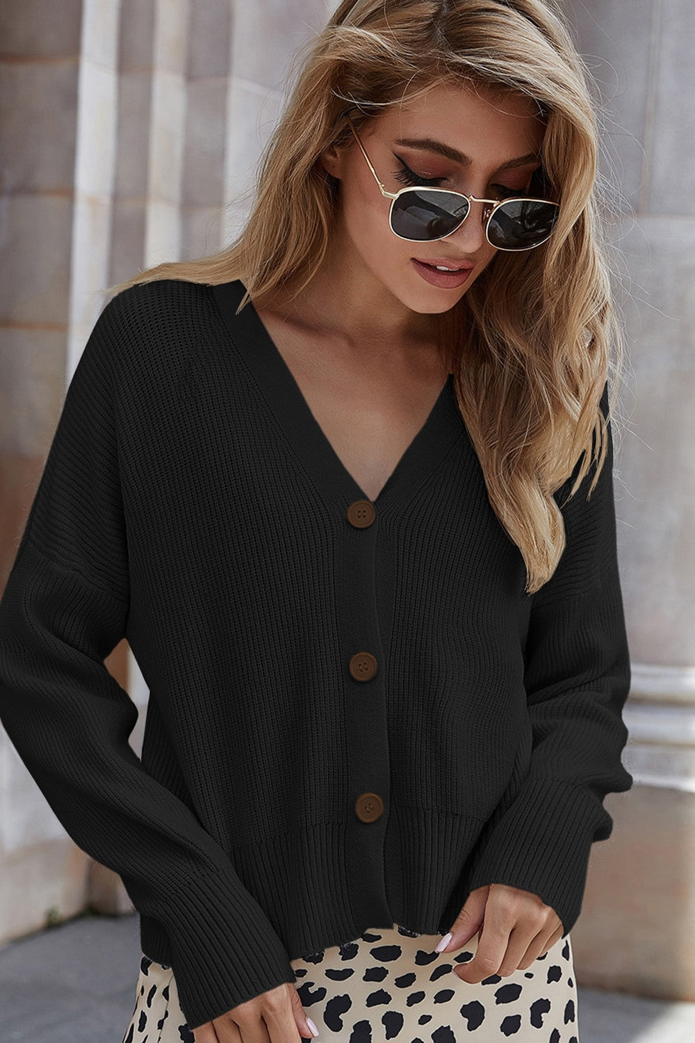 V-Neck Dropped Shoulder Cardigan - Black / S - Women’s Clothing & Accessories - Shirts & Tops - 5 - 2024