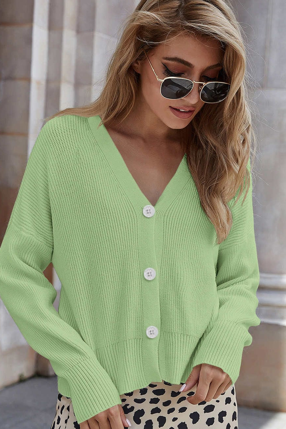 V-Neck Dropped Shoulder Cardigan - Light Green / S - Women’s Clothing & Accessories - Shirts & Tops - 11 - 2024