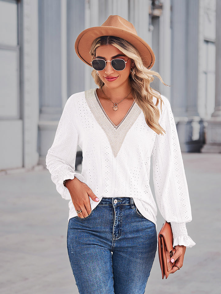 V-Neck Eyelet Flounce Sleeve Blouse - White / S - Women’s Clothing & Accessories - Shirts & Tops - 4 - 2024