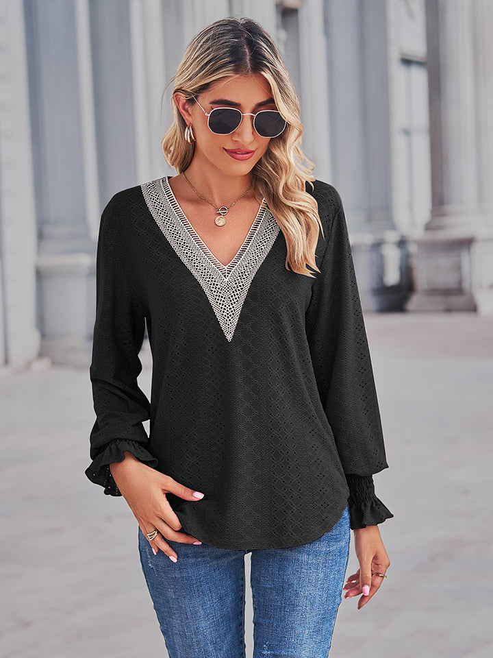 V-Neck Eyelet Flounce Sleeve Blouse - Women’s Clothing & Accessories - Shirts & Tops - 8 - 2024