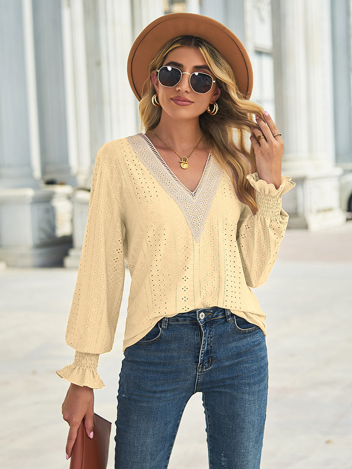 V-Neck Eyelet Flounce Sleeve Blouse - Yellow / S - Women’s Clothing & Accessories - Shirts & Tops - 1 - 2024