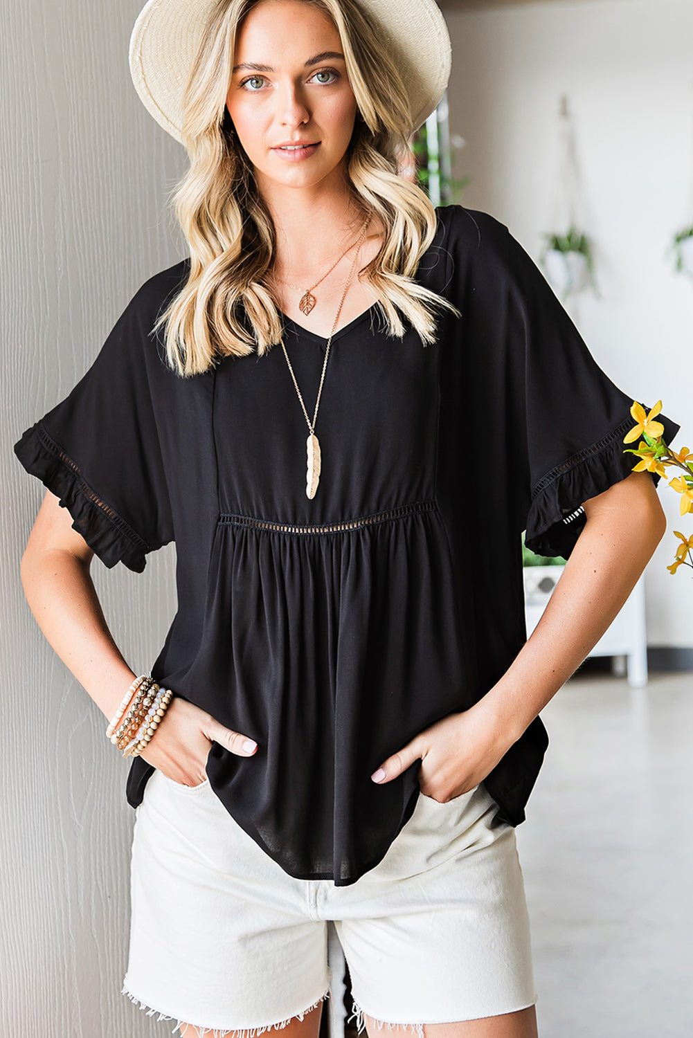 V-Neck Flounce Sleeve Babydoll Blouse - Black / S - Women’s Clothing & Accessories - Shirts & Tops - 1 - 2024