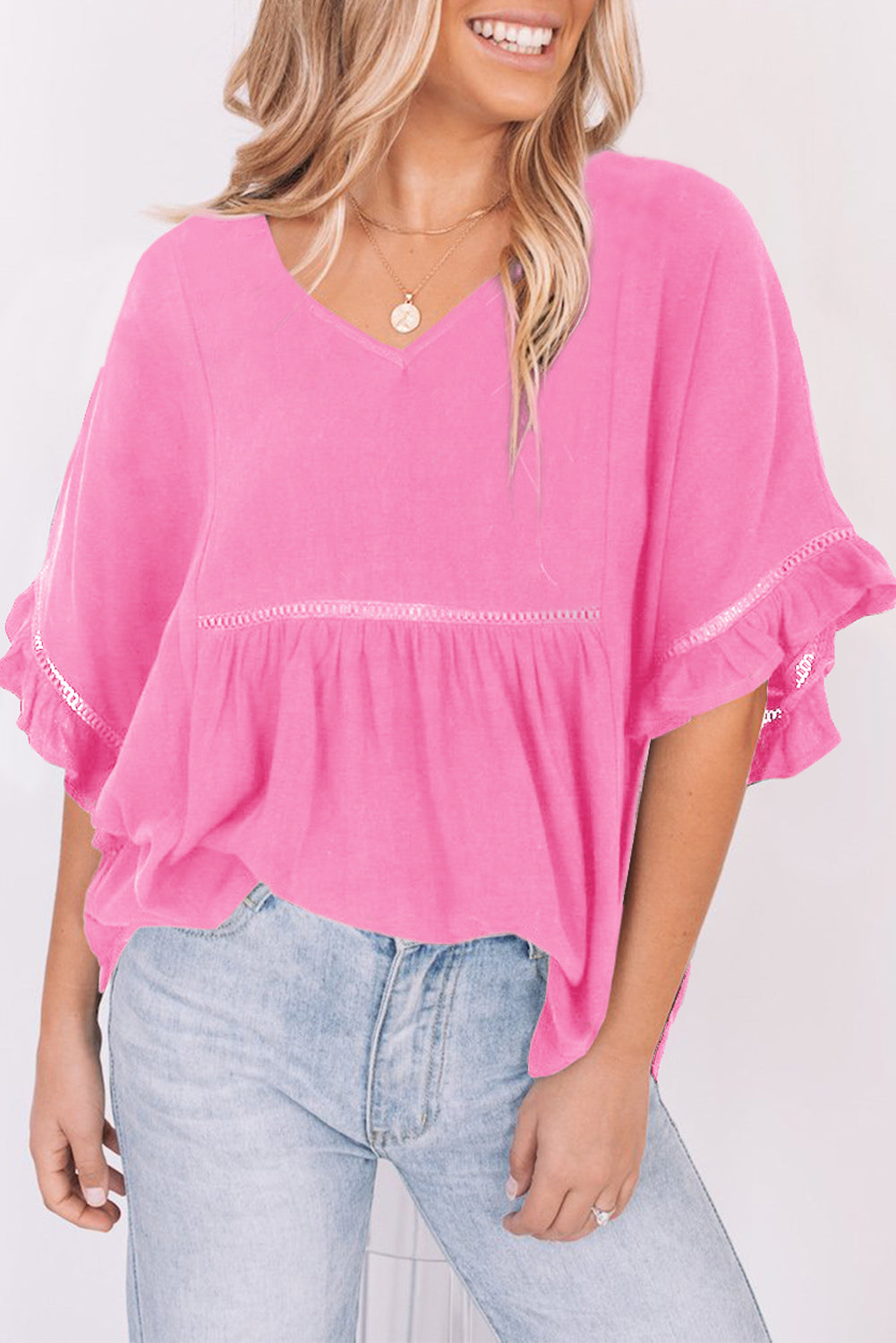 V-Neck Flounce Sleeve Babydoll Blouse - Pink / S - Women’s Clothing & Accessories - Shirts & Tops - 11 - 2024