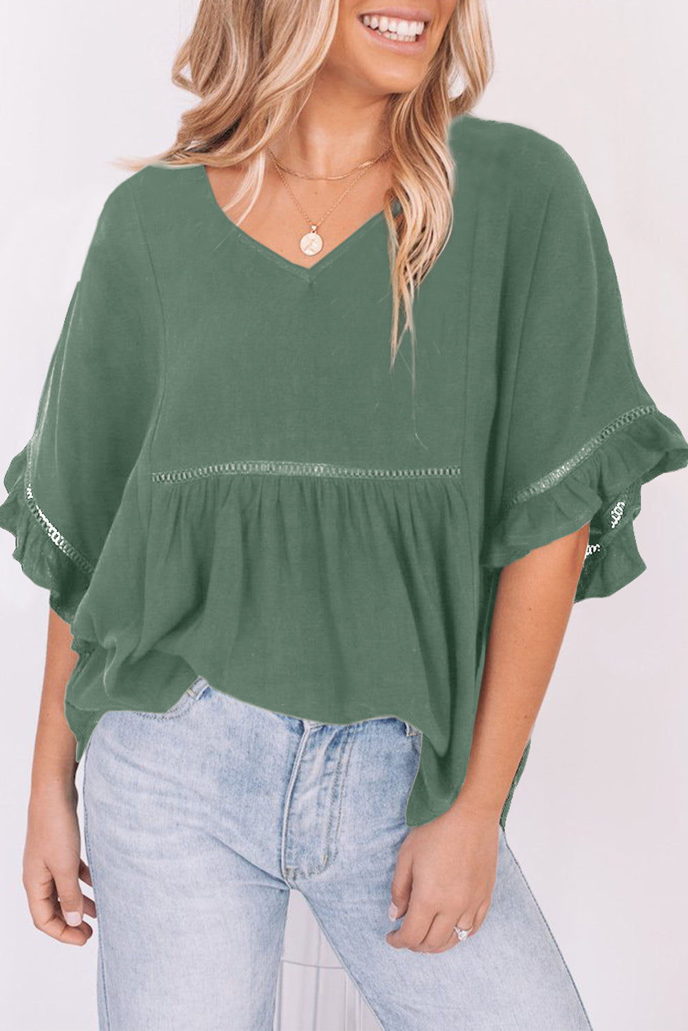 V-Neck Flounce Sleeve Babydoll Blouse - Green / S - Women’s Clothing & Accessories - Shirts & Tops - 12 - 2024