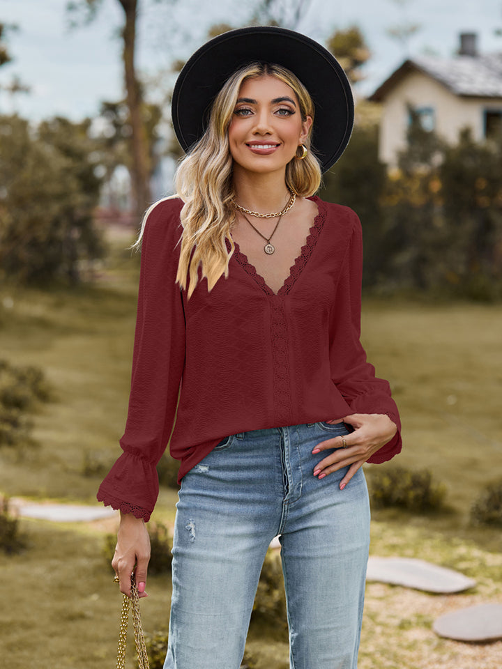 V-Neck Flounce Sleeve Blouse - Red / S - Women’s Clothing & Accessories - Shirts & Tops - 13 - 2024