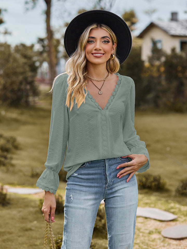 V-Neck Flounce Sleeve Blouse - Green / S - Women’s Clothing & Accessories - Shirts & Tops - 16 - 2024