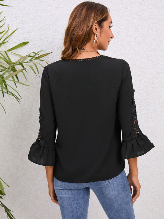 V-Neck Lace Detail Flounce Sleeve Blouse - Women’s Clothing & Accessories - Dresses - 2 - 2024