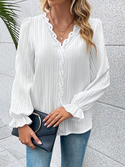 V-Neck Lace Detail Flounce Sleeve Blouse - Women’s Clothing & Accessories - Shirts & Tops - 3 - 2024