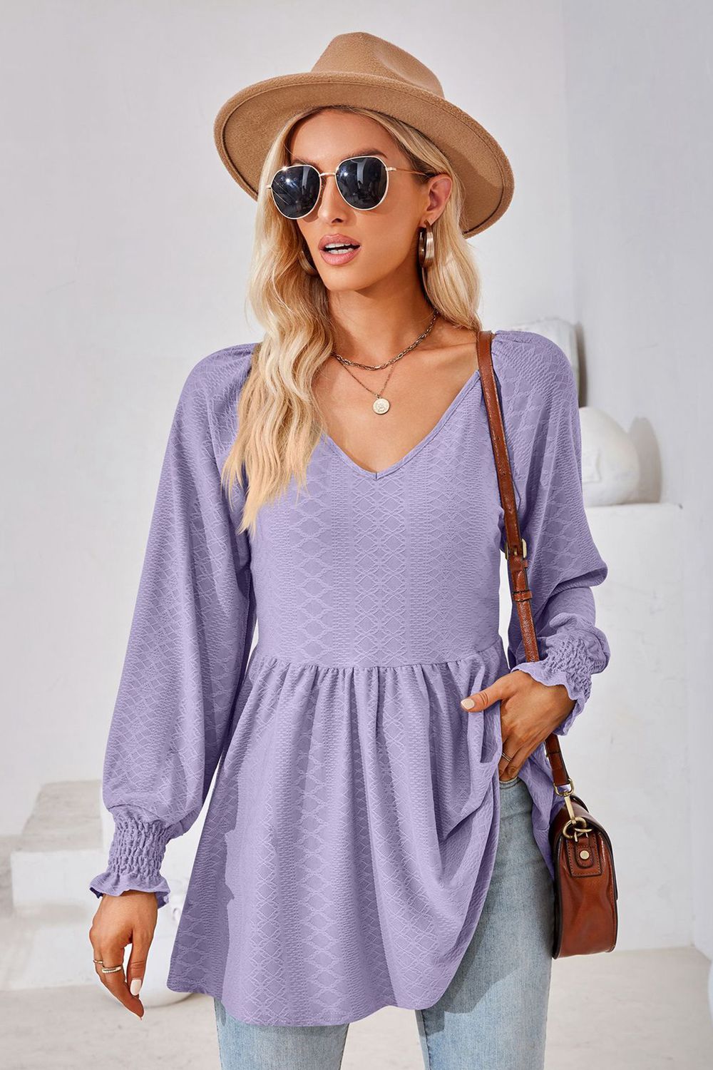 V-Neck Lantern Sleeve Blouse - Purple / S - Women’s Clothing & Accessories - Shirts & Tops - 1 - 2024