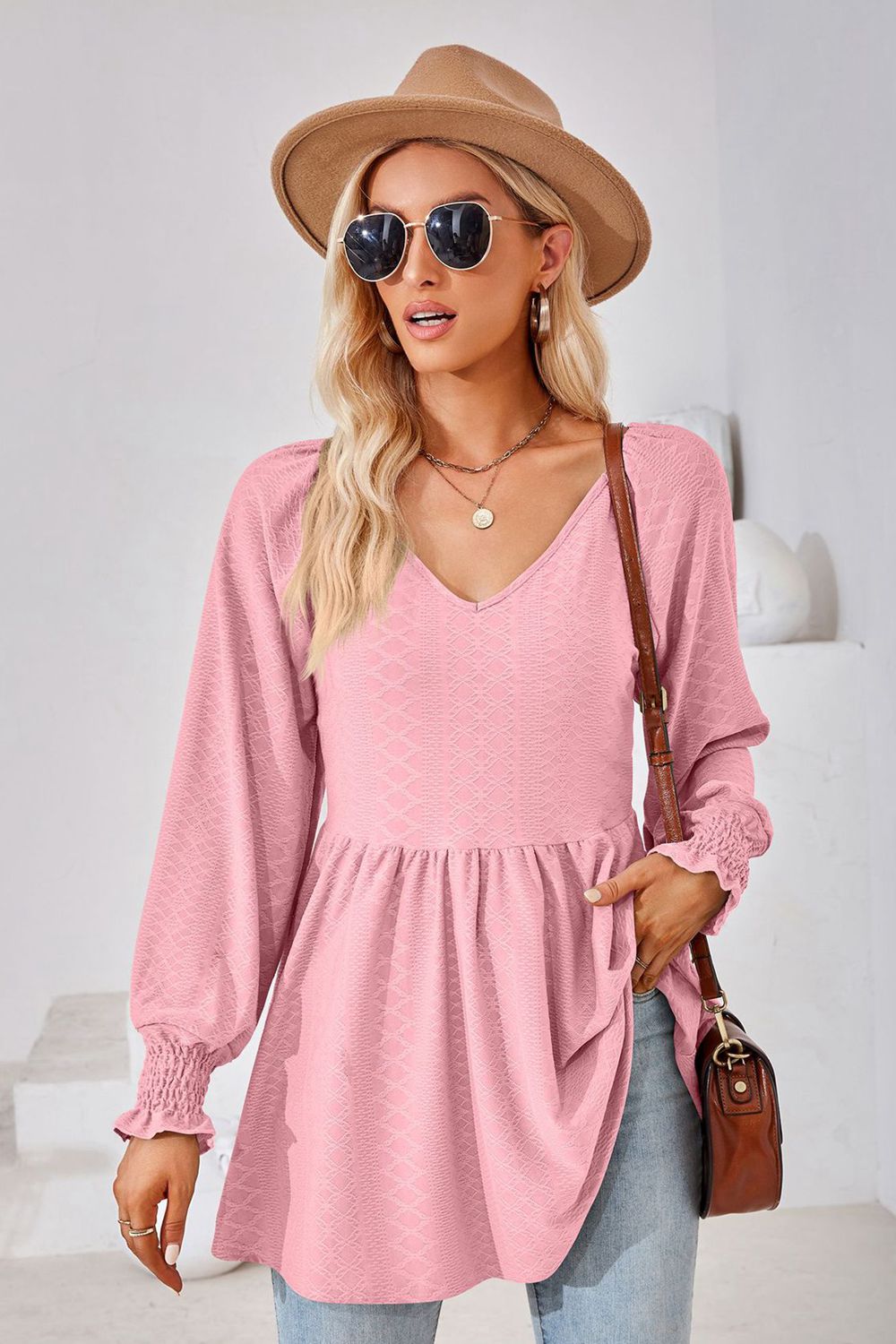 V-Neck Lantern Sleeve Blouse - Light Pink / S - Women’s Clothing & Accessories - Shirts & Tops - 22 - 2024