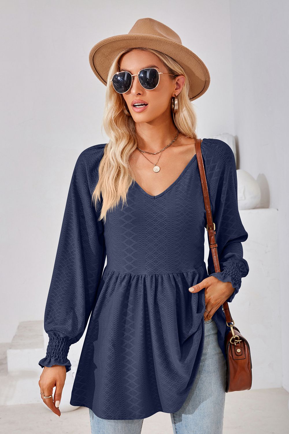 V-Neck Lantern Sleeve Blouse - Blue / S - Women’s Clothing & Accessories - Shirts & Tops - 25 - 2024