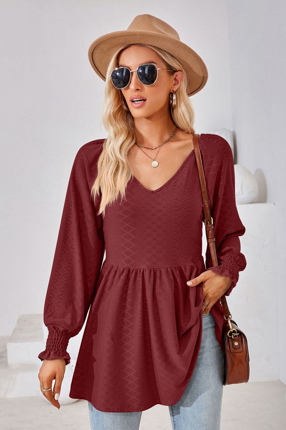V-Neck Lantern Sleeve Blouse - Red / S - Women’s Clothing & Accessories - Shirts & Tops - 16 - 2024