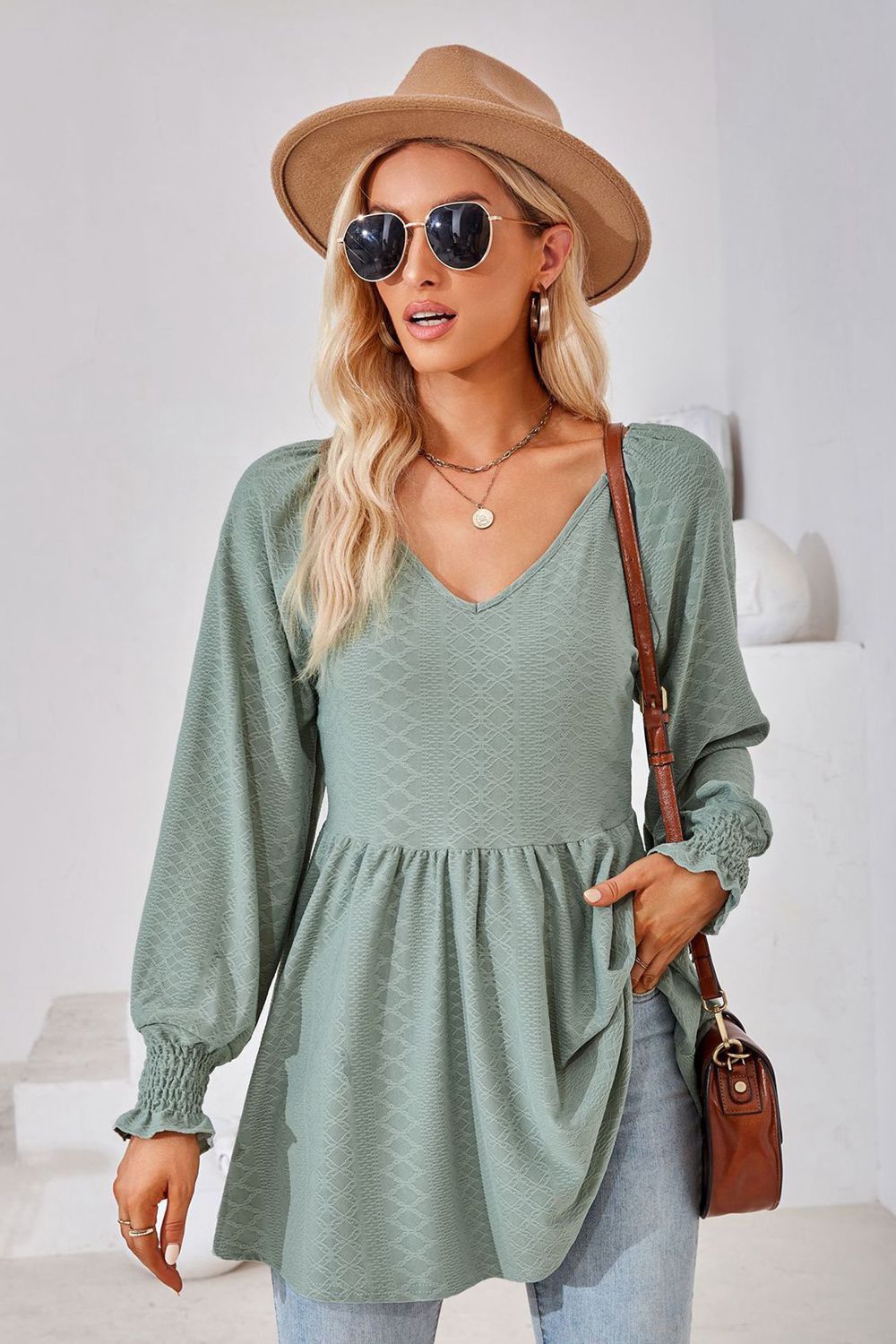 V-Neck Lantern Sleeve Blouse - Light Green / S - Women’s Clothing & Accessories - Shirts & Tops - 7 - 2024