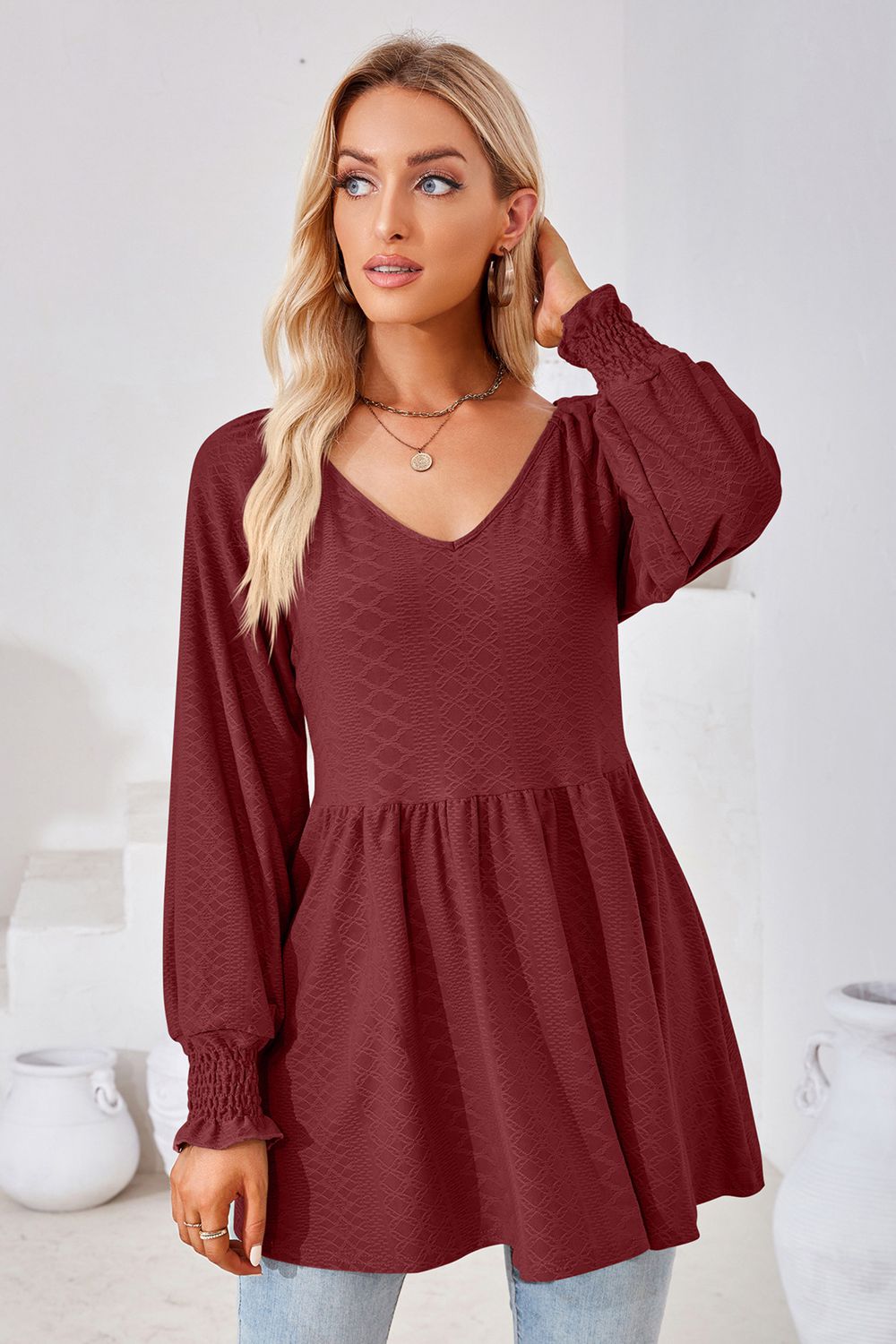 V-Neck Lantern Sleeve Blouse - Women’s Clothing & Accessories - Shirts & Tops - 17 - 2024