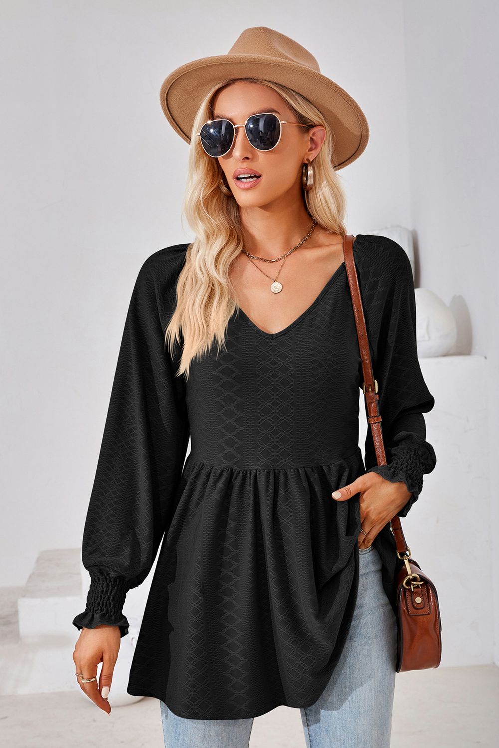 V-Neck Lantern Sleeve Blouse - Black / S - Women’s Clothing & Accessories - Shirts & Tops - 19 - 2024