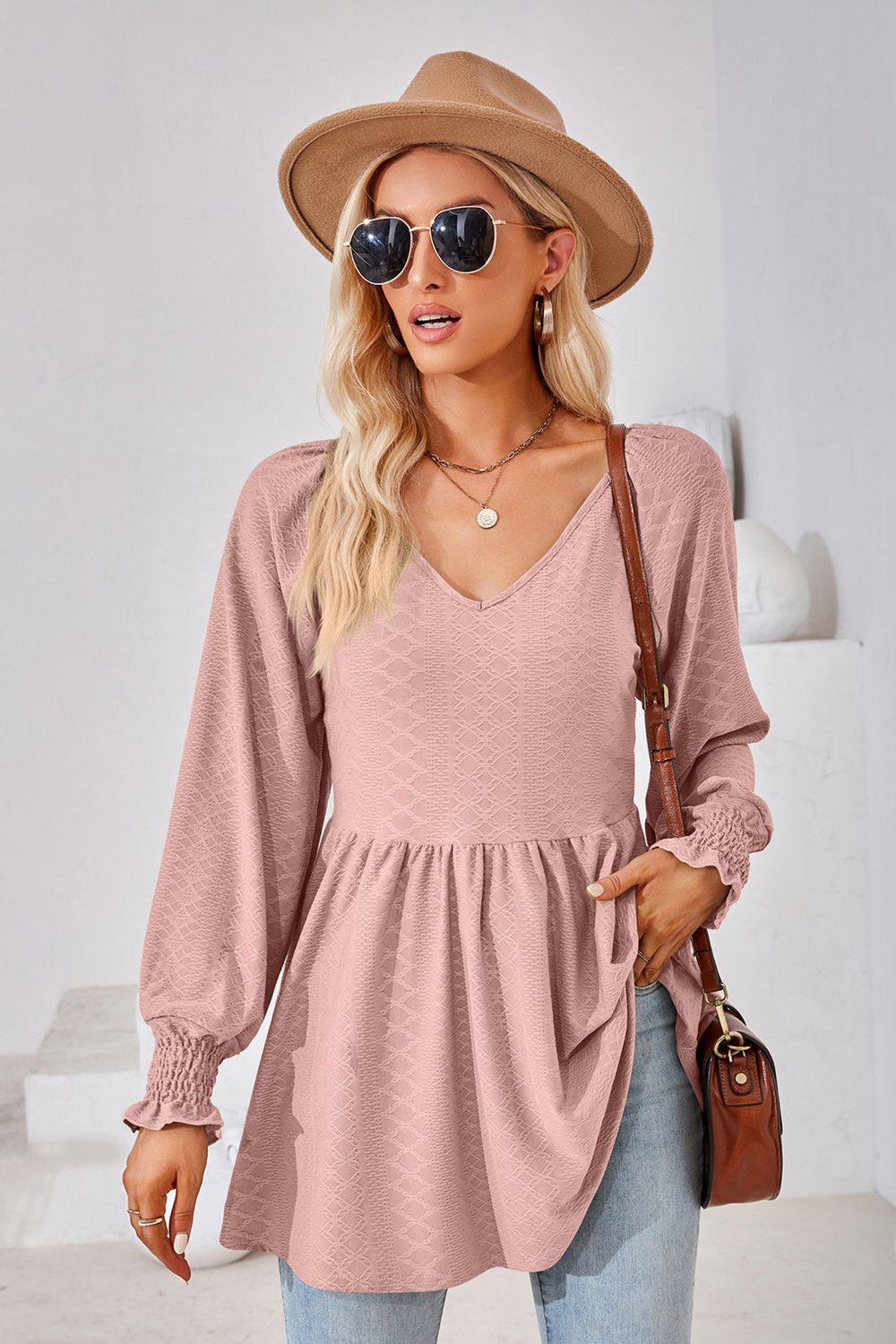 V-Neck Lantern Sleeve Blouse - Pink / S - Women’s Clothing & Accessories - Shirts & Tops - 10 - 2024