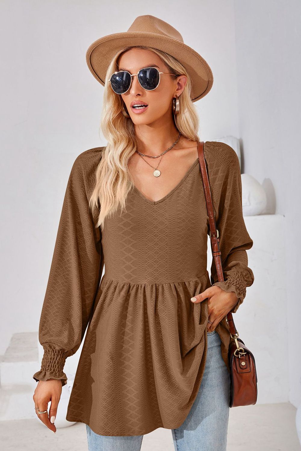 V-Neck Lantern Sleeve Blouse - Brown / S - Women’s Clothing & Accessories - Shirts & Tops - 13 - 2024