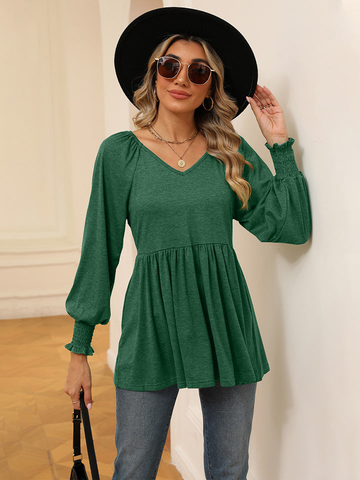 V-Neck Lantern Sleeve Blouse - Green / S - Women’s Clothing & Accessories - Shirts & Tops - 25 - 2024
