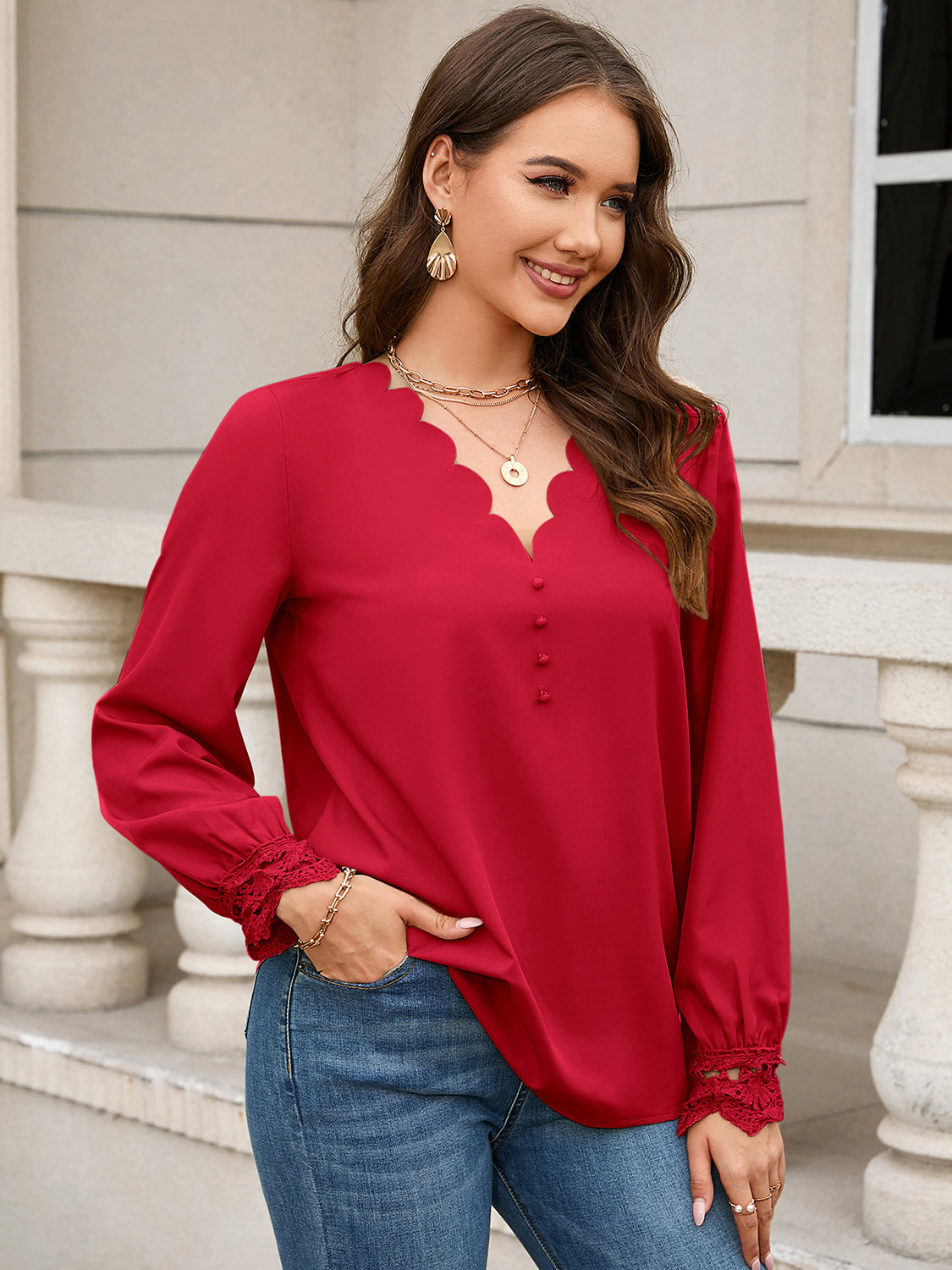 V-Neck Long Sleeve Blouse - Women’s Clothing & Accessories - Shirts & Tops - 6 - 2024