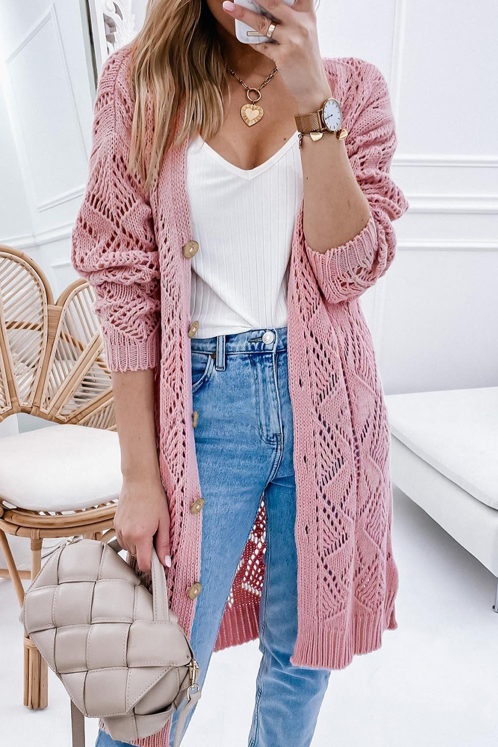 V-Neck Long Sleeve Cardigan - Pink / S - Women’s Clothing & Accessories - Shirts & Tops - 7 - 2024