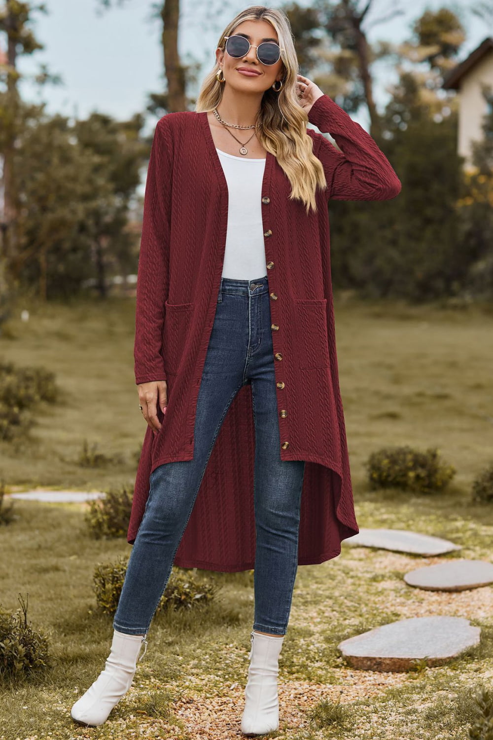 V-Neck Long Sleeve Cardigan with Pocket - Dark Red / S - Women’s Clothing & Accessories - Shirts & Tops - 5 - 2024