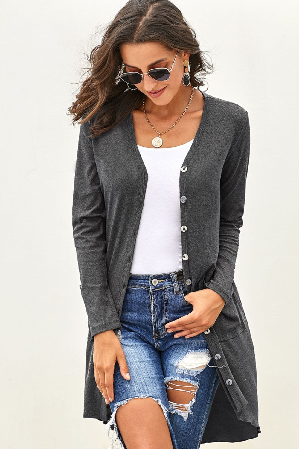 V-Neck Long Sleeve Cardigan with Pocket - Women’s Clothing & Accessories - Shirts & Tops - 4 - 2024