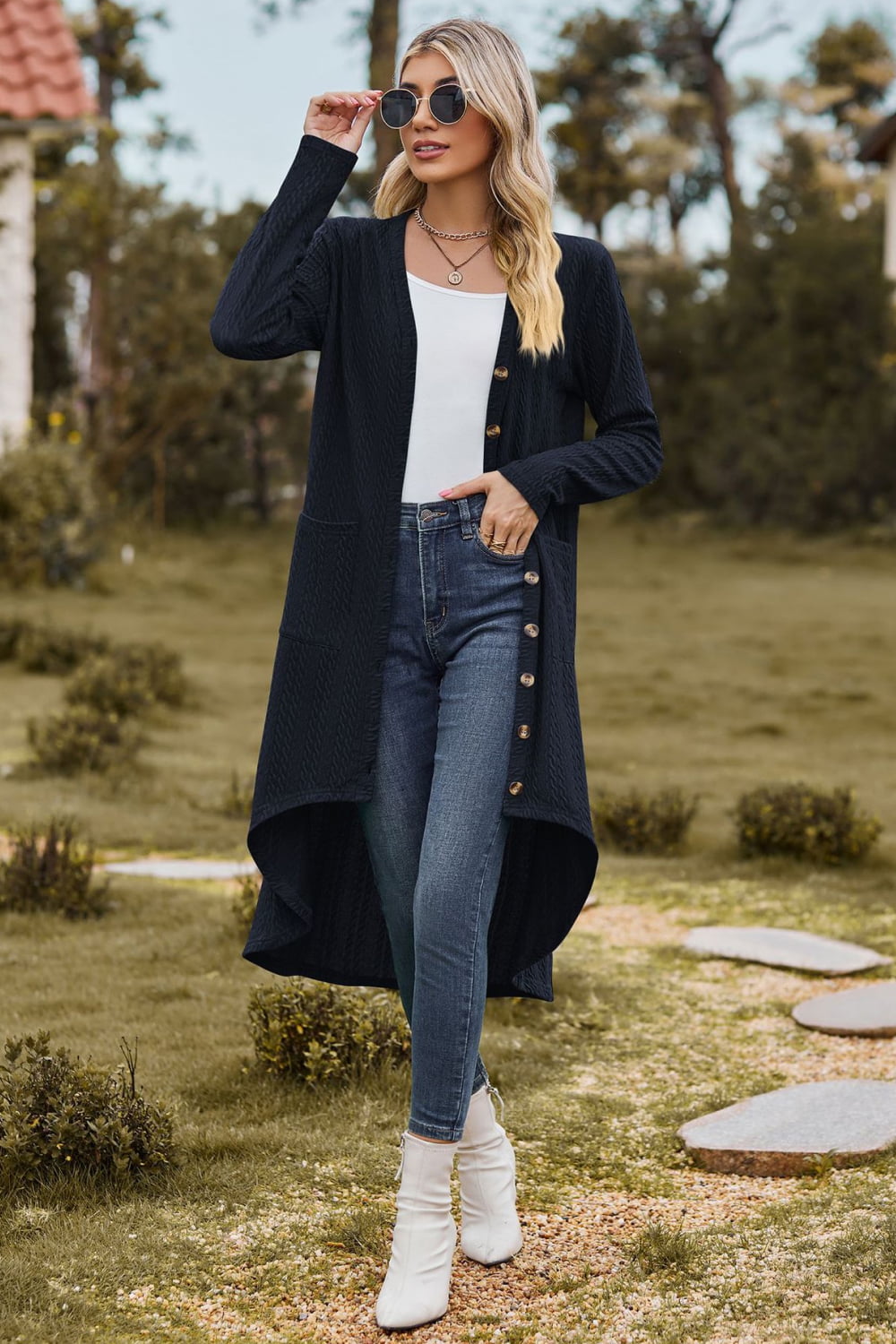V-Neck Long Sleeve Cardigan with Pocket - Dark Blue / S - Women’s Clothing & Accessories - Shirts & Tops - 14 - 2024