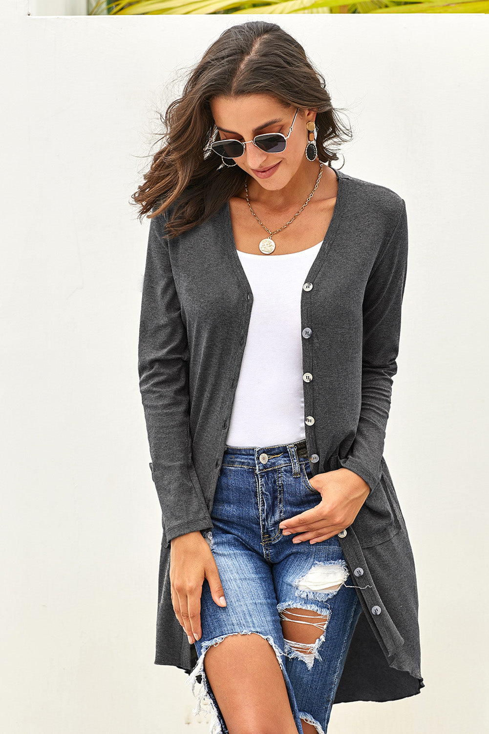 V-Neck Long Sleeve Cardigan with Pocket - Dark Gray / S - Women’s Clothing & Accessories - Shirts & Tops - 29 - 2024