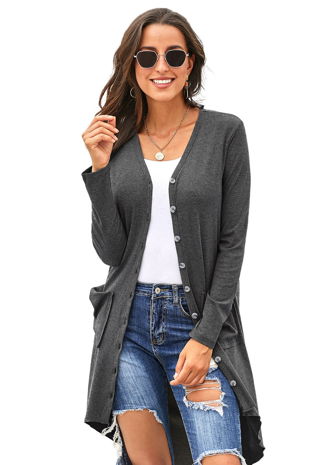 V-Neck Long Sleeve Cardigan with Pocket - Women’s Clothing & Accessories - Shirts & Tops - 6 - 2024
