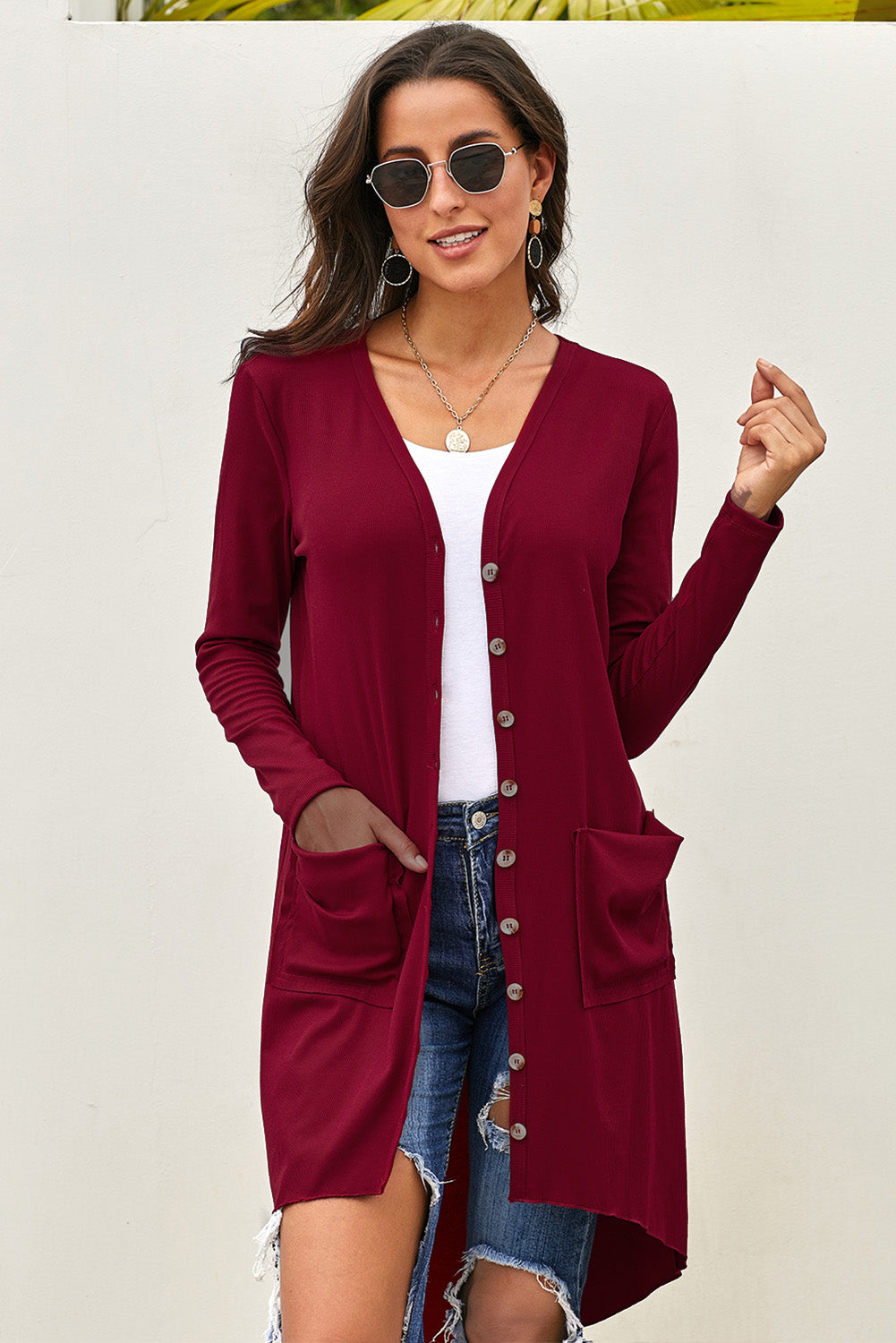 V-Neck Long Sleeve Cardigan with Pocket - Dark Red / S - Women’s Clothing & Accessories - Shirts & Tops - 13 - 2024