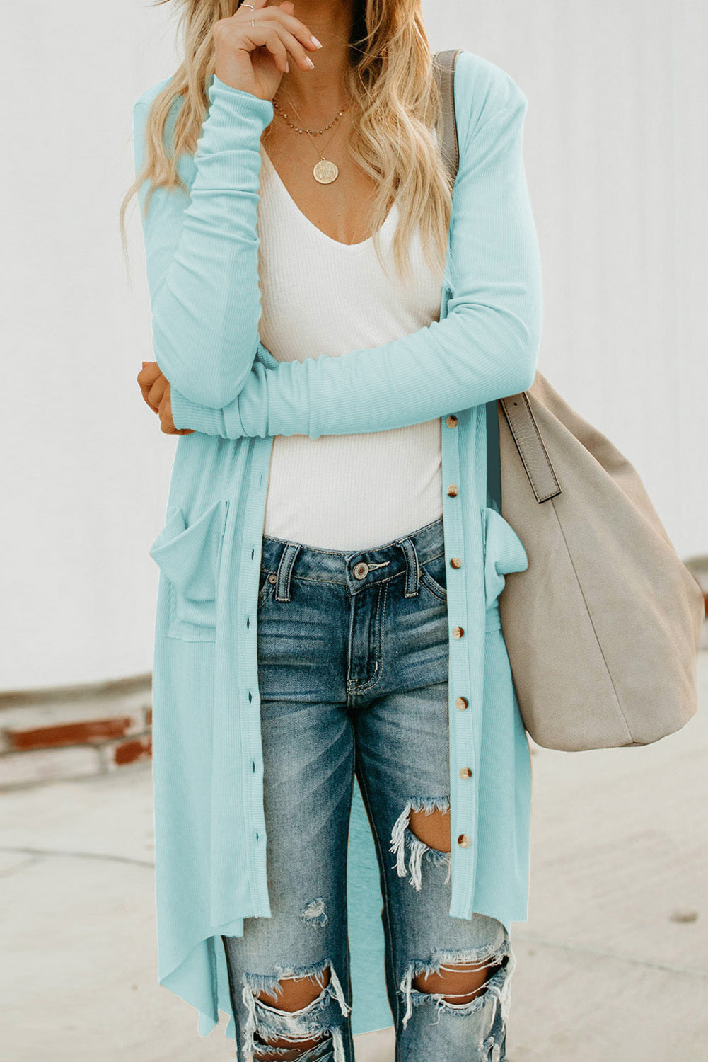 V-Neck Long Sleeve Cardigan with Pocket - Light Blue / S - Women’s Clothing & Accessories - Shirts & Tops - 23 - 2024