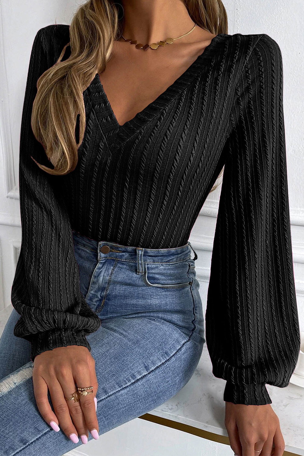 V-Neck Long Sleeve Knit Top - Black / S - Women’s Clothing & Accessories - Dresses - 1 - 2024