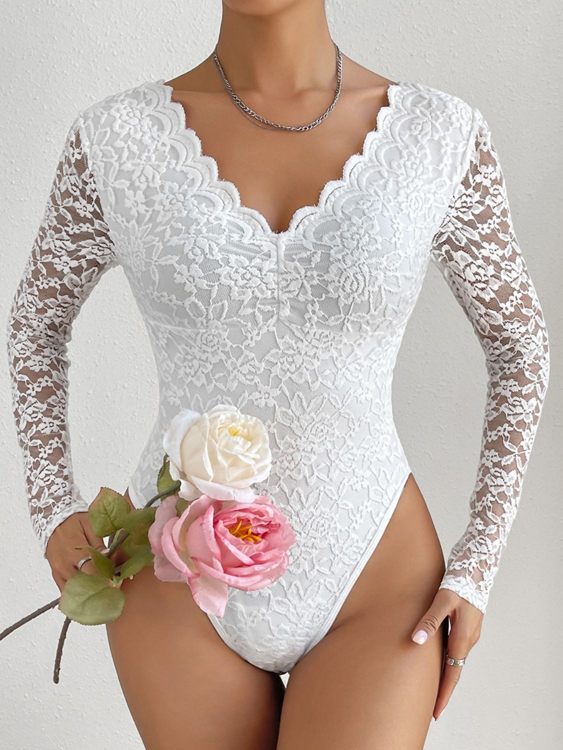 V-Neck Long Sleeve Lace Trim Bodysuit - White / XS - Women’s Clothing & Accessories - Shirts & Tops - 1 - 2024