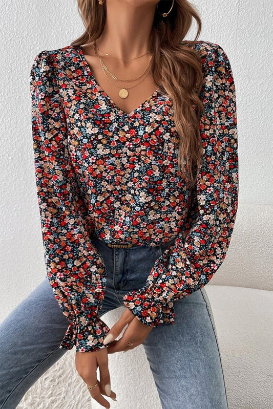 V-Neck Printed Long Sleeve Blouse - Women’s Clothing & Accessories - Shirts & Tops - 1 - 2024