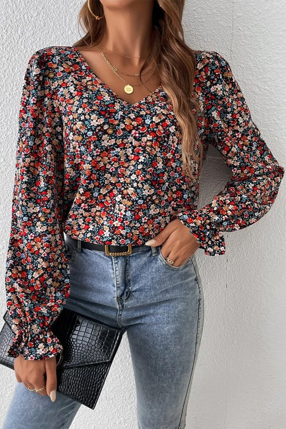 V-Neck Printed Long Sleeve Blouse - Women’s Clothing & Accessories - Shirts & Tops - 4 - 2024