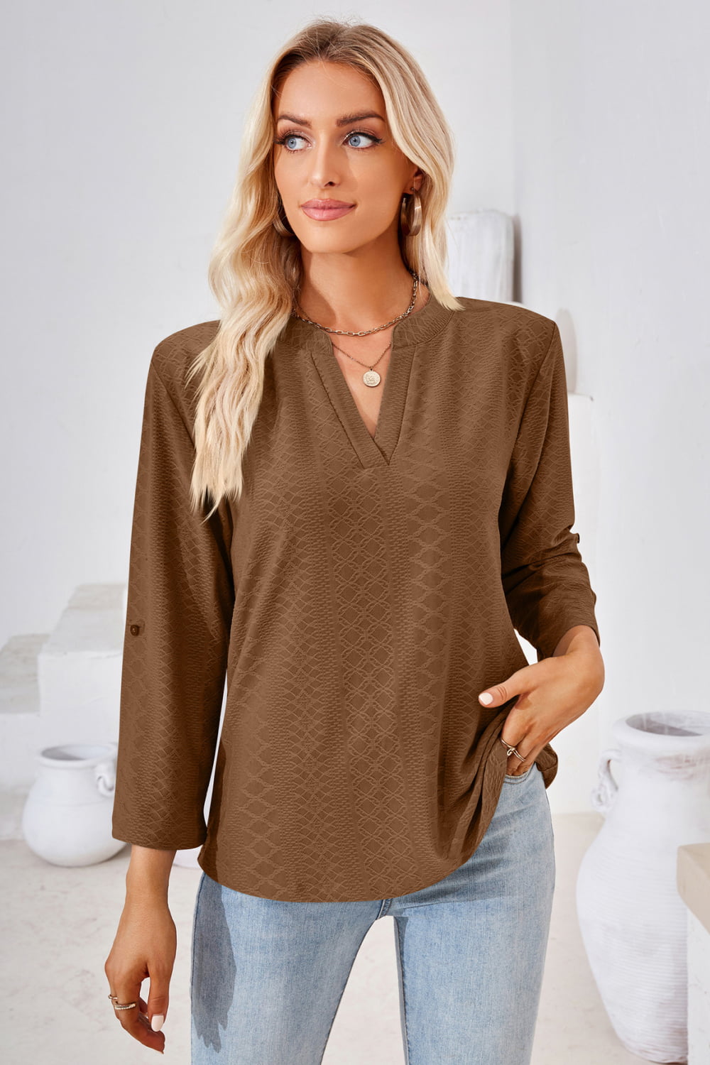 V-Neck Roll-Tap Sleeve Blouse - Brown / S - Women’s Clothing & Accessories - Shirts & Tops - 22 - 2024