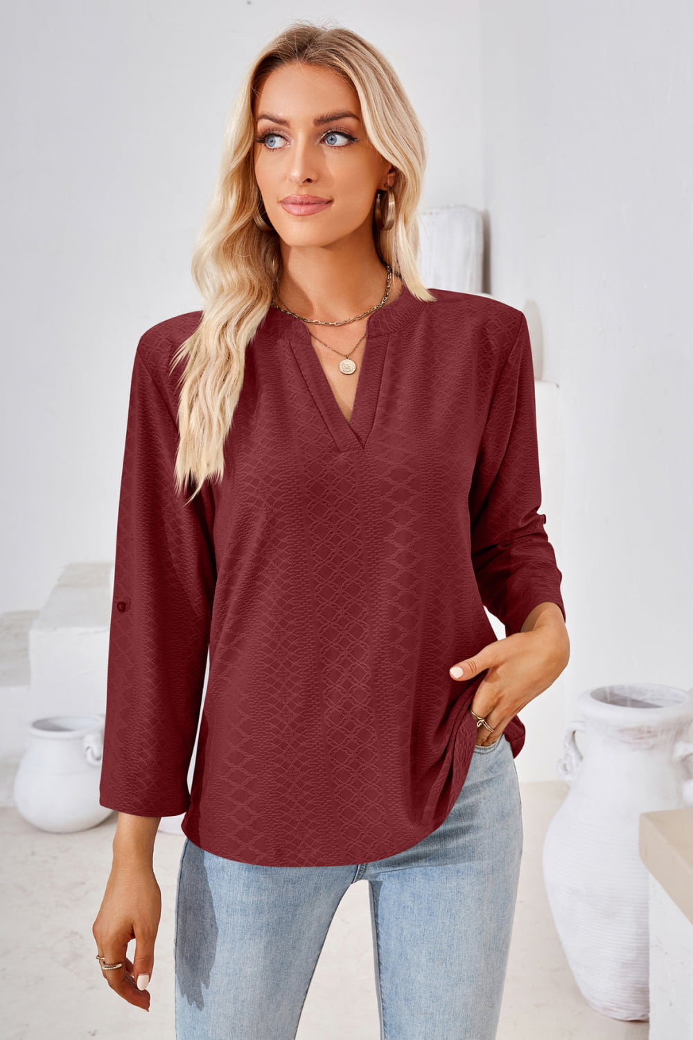 V-Neck Roll-Tap Sleeve Blouse - Dark Red / S - Women’s Clothing & Accessories - Shirts & Tops - 7 - 2024