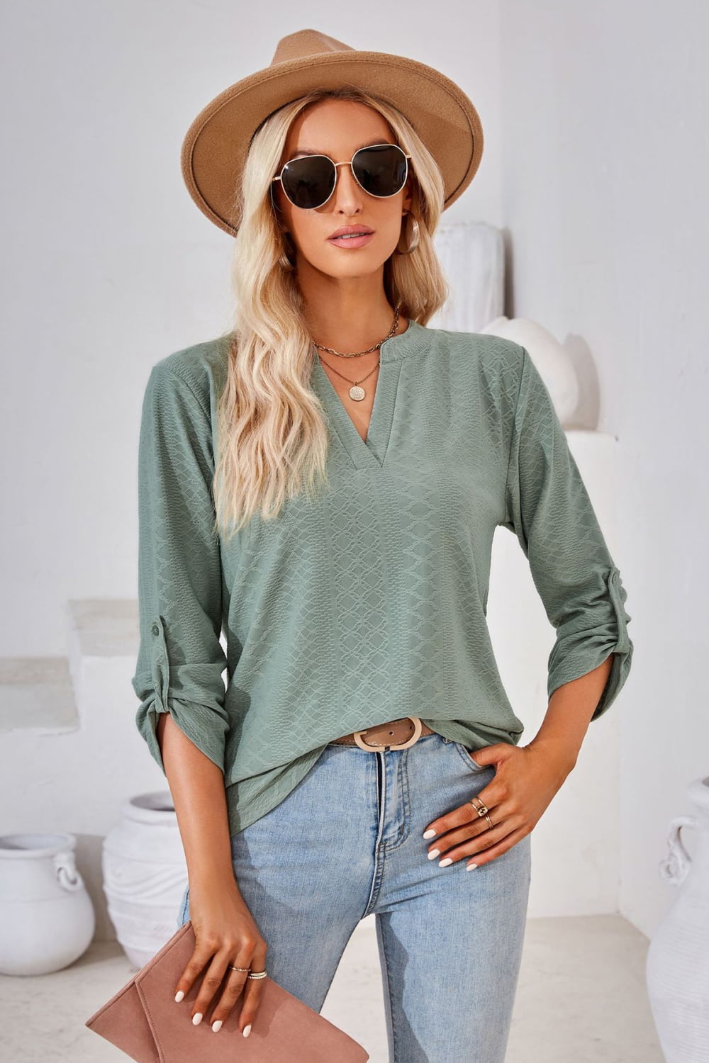 V-Neck Roll-Tap Sleeve Blouse - Women’s Clothing & Accessories - Shirts & Tops - 14 - 2024