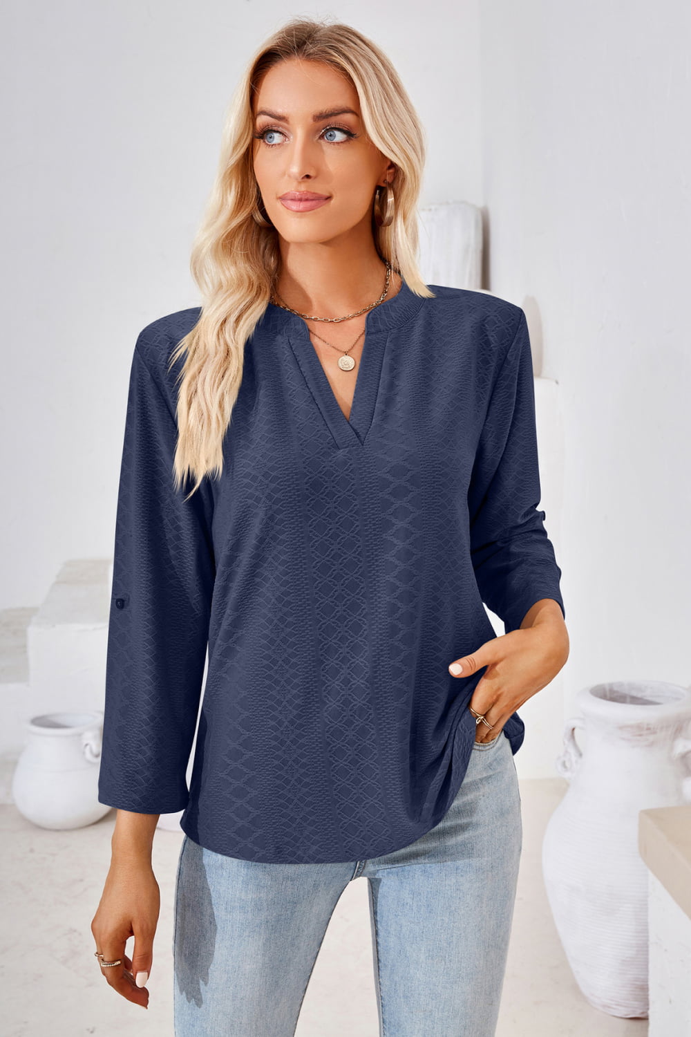 V-Neck Roll-Tap Sleeve Blouse - Dark Blue / S - Women’s Clothing & Accessories - Shirts & Tops - 10 - 2024