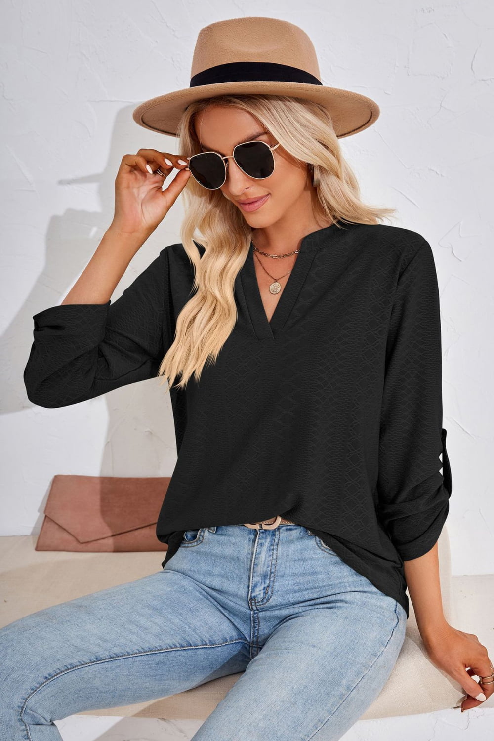 V-Neck Roll-Tap Sleeve Blouse - Women’s Clothing & Accessories - Shirts & Tops - 6 - 2024